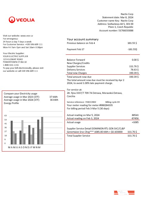 Czechia Veolia Energy Czech Republic energy business utility bill in word and pdf formats1